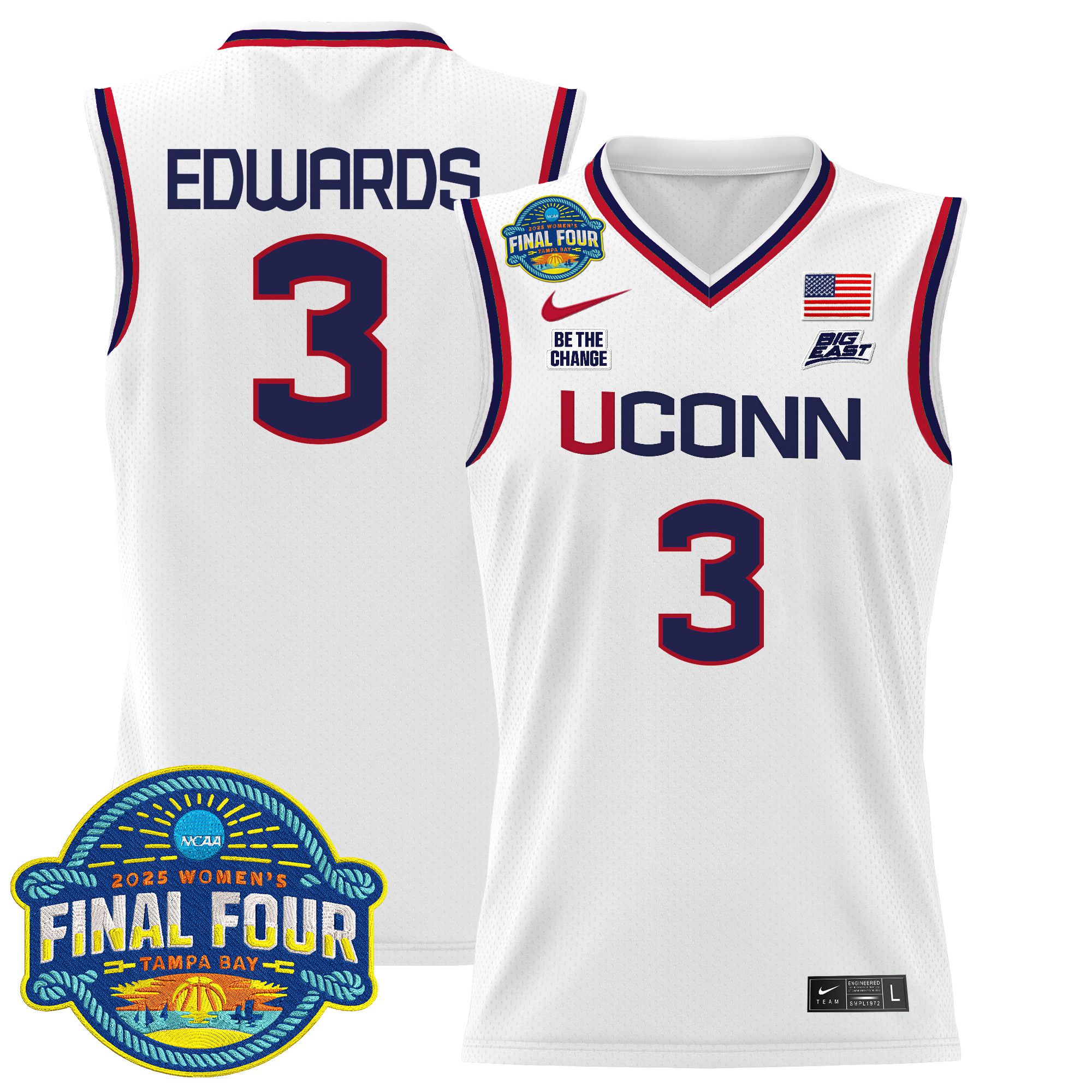 Men UConn Huskies 3 Edwards White Nike 2025 Big Eat Final Four Patch Lightweight Basketball NCAA Jersey